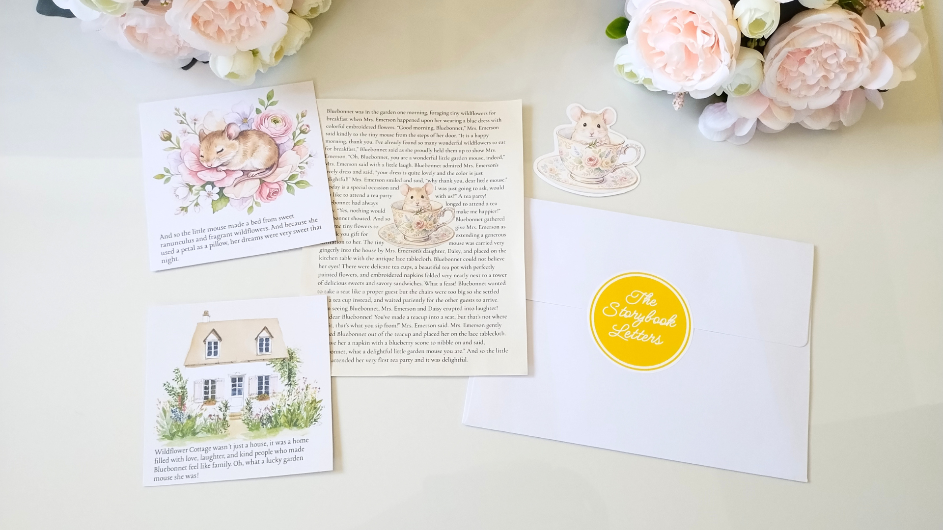 Stationery items including cards and an envelope with a yellow stamp on a light surface.