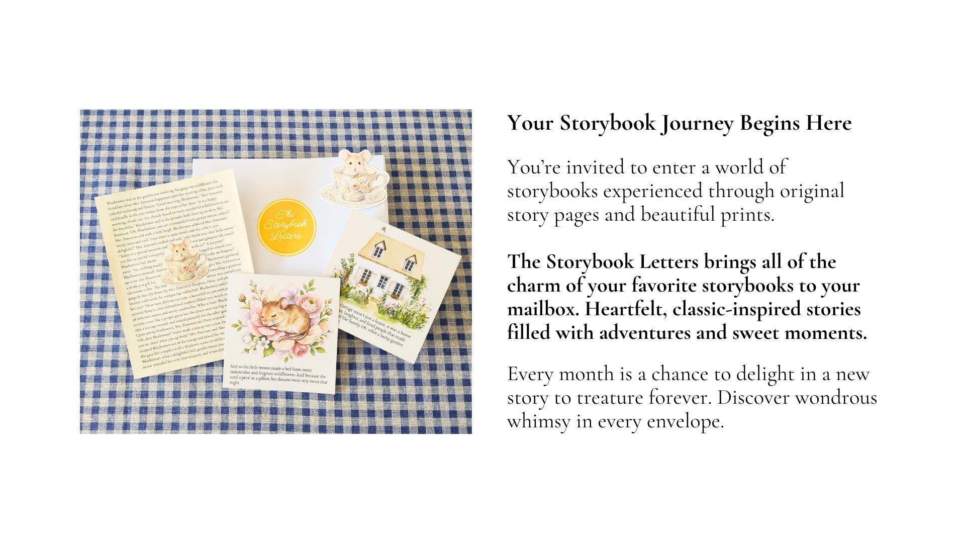 Storybook-themed products on a checkered fabric background with promotional text.